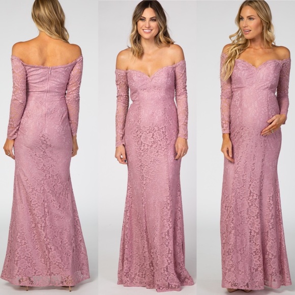 Pinkblush Mauve Pink Sweetheart Neckline Lace Off Shoulder Maternity Maxi Dress - Picture 2 of 12